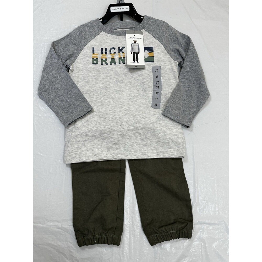 NWT Lucky Brand Boy's 2 Piece Set Size 3T Long Sleeve Gray/Olive